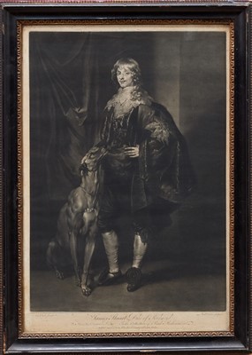 Lot 1204 - Van Dyke 18th century mezzotint by Richard Earlom - portrait of James Stuart, Duke of Richmond, published 1773, scratch letter proofs in plate, in glazed frame, 55cm x 37cm