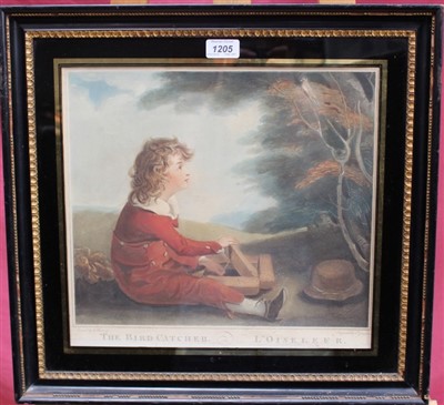Lot 1205 - J. Barney pair of early 19th century stipple engravings by T. Gaugain - The Bird Catcher and The Kite Compleated, in verre eglomise frames, 33cm x 36cm