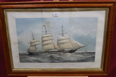 Lot 1211 - T. G. Dutton 19th century hand coloured lithograph - Clipper Ship “Aurora”, 1768 Tons, published 1875, in glazed maple veneered frame, 46cm x 71cm