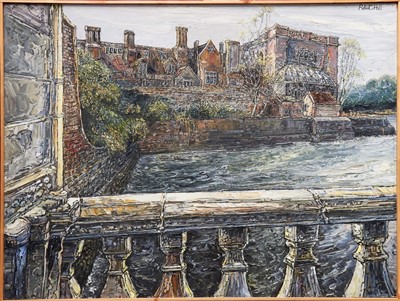 Lot 1221 - Robert William Hill (1932-1990) oil on board - riverside houses, signed, framed, 92cm x 122cm