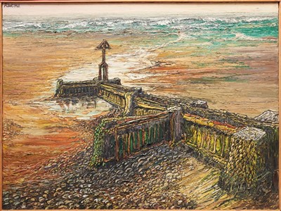 Lot 1222 - Robert William Hill (1932-1990) oil on board - a breakwater, signed, framed, 92cm x 122cm