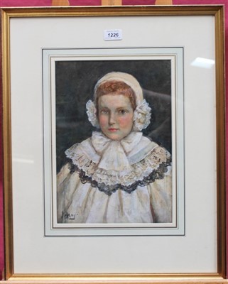 Lot 1226 - J. May, English school watercolour - portrait of a child in bonnet with lace collar, signed, in glazed gilt frame, 35cm x 25cm