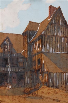 Lot 1232 - Pair of unusual 1920s French school watercolour and engraved wooden panels depicting scenes in Caudebec-en-Caux, indistinctly signed and dated, titled verso, in glazed gilt frames, 32cm x 23cm