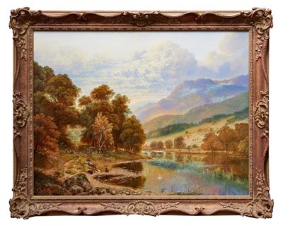 Lot 1235 - Andrew Grant Kurtis, 20th century oil on canvas - Noonday Angling beneath the slopes of Ben Ledi, near Callander, Perthshire, signed, inscribed verso, in gilt frame, 73cm x 94cm