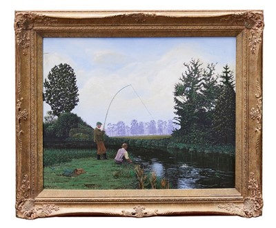 Lot 394 - Michael Morley (b.1937) oil on board - River Trout Fishing, monogrammed, framed, 39cm x 49cm