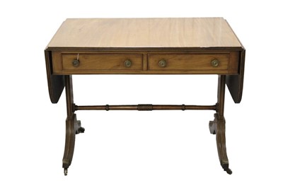 Lot 1395 - George III-style mahogany sofa table with two drop flaps and two drawers on end standards with reeded swept supports terminating on brass capped castors. 89cm wide