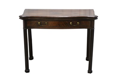 Lot 1398 - George III mahogany serpentine card table with cross banded top, frieze drawer with brass swan neck handles on hexagonal stop fluted legs on block feet, 91cm wide.