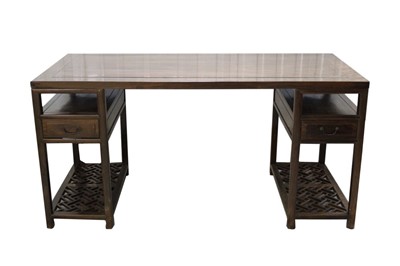 Lot 1401 - Chinese rosewood writing table with two pedestals, each with a drawer and recess with fretwork undertier 166cm wide x 75cm deep x 82cm high