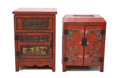 Lot 1402 - Two Chinese red lacquered cabinets, one with three drawers and the other enclosed by two doors (2)
