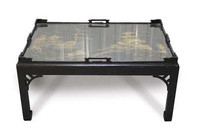 Lot 1404 - Good quality Chinese black lacquered coffee table with pierced gallery and gilt Chinese landscape ornament on pierced brackets with square legs, 97cm