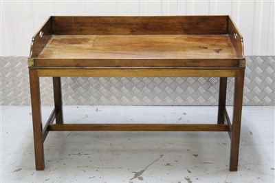 Lot 1411 - 19th century mahogany butler’s tray with raised gallery and brass corners on a later purpose made mahogany stand. 93cm