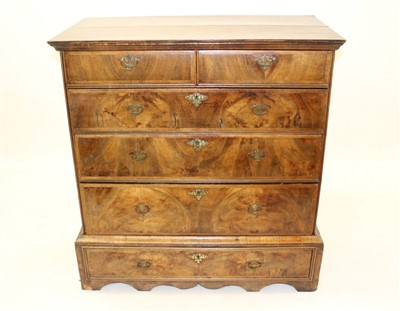 Lot 1419 - Early 18th century walnut crossbanded chest on stand, with moulded top and two short over three long graduated drawers, the stand with single drawer on low brackets 98cm wide x 52cm deep x 105cm...