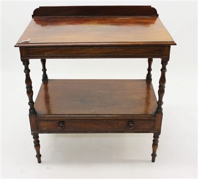 Lot 1420 - Victorian mahogany two tier whatnot, with rear gallery and single drawer to owner tier between turned supports on castors, 73cm wide