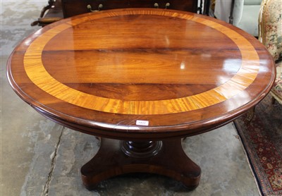 Lot 1422 - 19th century and later mahogany circular dining table, with tilt top on unusual pineapple form column and shaped platform on bun feet, 122cm diameter