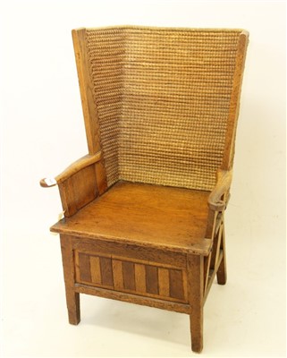 Lot 1424 - Antique oak framed Orkney chair, with woven bowed back and solid seat on chequer frieze and square supports