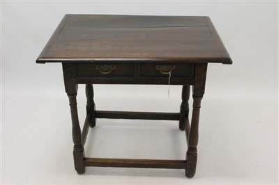 Lot 1425 - Late 17th century and later oak side table, with single geometric moulded drawer on turned and block understructure, 79cm wide