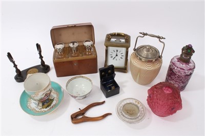 Lot 600 - Set 1920s scent flasks in case, brass carriage clock, treen nutcrackers and decorative items