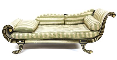 Lot 1454 - Fine Regency ebonised and gilt heightened chaise longue, reeded show-wood frame