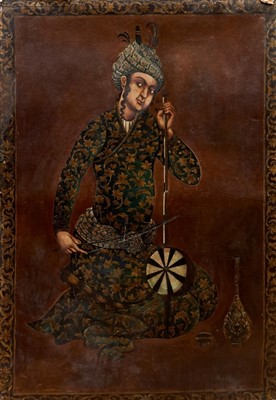 Lot 1237 - 18th/19th century Persian school oil on canvas - a seated figure playing a string Setar, unframed, 150cm x 104cm