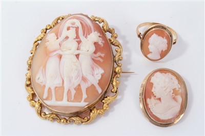 Lot 3227 - 19th century carved shell cameo depicting the three graces, in yellow metal brooch mount, together with one other gold (9ct) cameo brooch and gold (stamped 750) cameo ring, size P