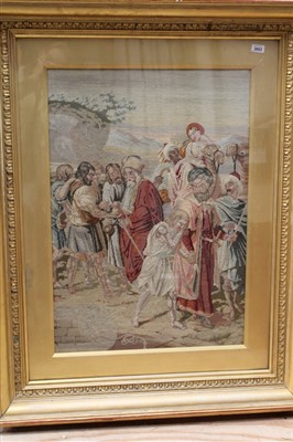 Lot 3053 - Three large hand embroidered wool tapestries illustrating biblical stories. Framed and glazed.