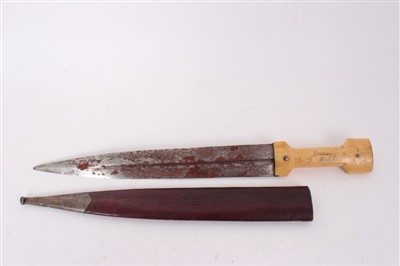 Lot 820 - 19th Century Balken Qama Dagger, with fullered blade, ivory hilt with silver mount, engraved “True friendship from Br. G. Malchus” in leather covered scabbard with engraved silver chape, 47cm in o...