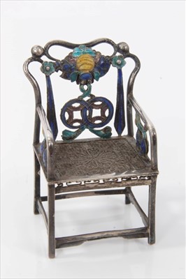 Lot 3774 - Fine quality 19th century Chinese white metal and cloisonné throne chair, apparently unmarked, 6cm high