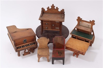 Lot 2750 - Antique dolls house furniture, including mirror back sideboard, 10cm wide, chairs, tables, piano etc
