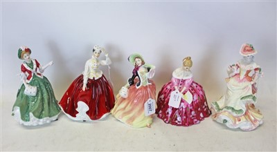 Lot 2007 - Ten Royal Doulton ladies- Autumn Breezes HN2131, Flowers Of LOVE HN3709, Rachel HN2936, Linda HN3374, Victoria HN2471, Elaine HN4865, Rebecca HN4041, Gail HN2936, Elizabeth  HN5034 and Christmas Da...