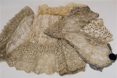 Lot 3065 - Antique lace and crochet items including dress fronts, boudoir cap, lace and silk collar, Maltese silk floss lappet,rolled lengths etc.