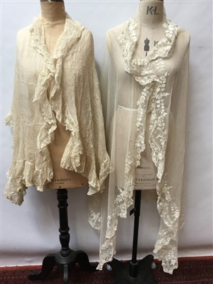 Lot 3096 - Antique tambour lace stole, silk organza wrap with frilled edging, box of trims and lengths.