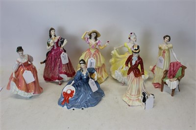 Lot 2056 - Seven Royal Doulton figures - Susan HN4230, Emma HN3843, Elyse HN2429, Sarah HN3384, Carmen HN3993, Fair Lady HN2835 and Ninette HN2379