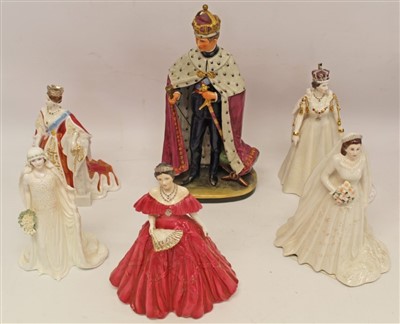Lot 2067 - Royal figures- Royal Worcester The Queen Mother, no. 4,585 of 7,500, Royal Worcester Queen Elizabeth II 2007 Diamond Wedding Figure, Coalport Queen Elizabeth The Queen Mother no. 5028 of 7,500, Roy...
