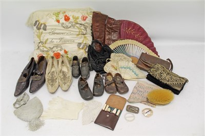 Lot 3078 - Selection of Victorian and later accessories including pair wedding shoes, pair leather dress shoes with steel cut buckles, children's shoes, pair brown leather spats, embroidered silk bag, Indian...