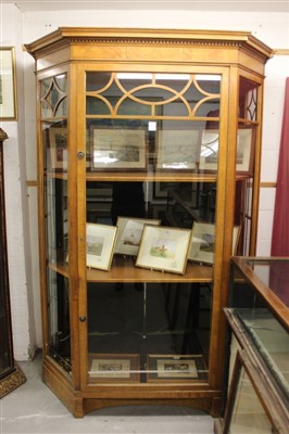 Lot 876 - Large Edwardian satinwood display cabinet, of canted outline, with dentil cornice and enclosed by glazed door on shaped plinth 180cm wide x 90cm deep x 220cm high