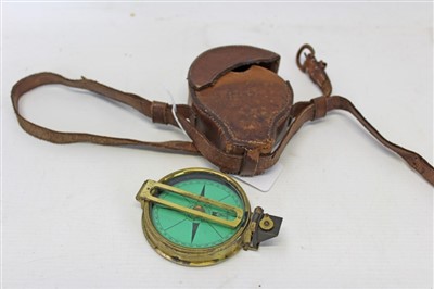Lot 3557 - 19th century compass with green scale signed Elliott Bros. Strand, London in a brass case engraved on the base D M Smythe in a leather case stamped D.M.S.