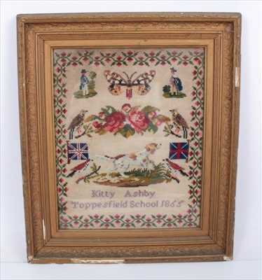 Lot 3116 - Victorian Sampler cross stitch embroidery depicting figures, birds, roses and dog within a scrolling rose bud border. Kitty Ashby Toppesfield School 1865.