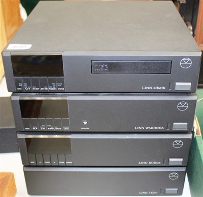Lot 3715 - Linn hi-fi separates to include a Linn Mimik, Wakonda, Kudos and a LK100, together with a pair of Linn Index speakers on stands plus Linn speaker cables, interconnect, manual and remote.