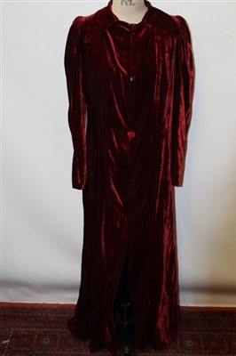 Lot 3104 - Ladies 1930s velvet evening coat by Peter Jones, similar but in brocade, plus a button through dress velvet dress.