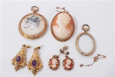 Lot 3389 - Pair of Victorian-style 9ct gold amethyst and seed pearl set earrings, carved cameo brooch and matching earrings and two yellow metal lockets