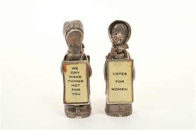 Lot 224 - Rare pair of Edwardian silver Suffragette pepperettes.