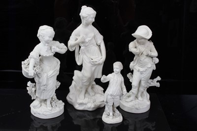 Lot 34 - Two 18th century Derby biscuit porcelain figures of a gallant and his lady, incised marks, together with two smaller biscuit porcelain figures