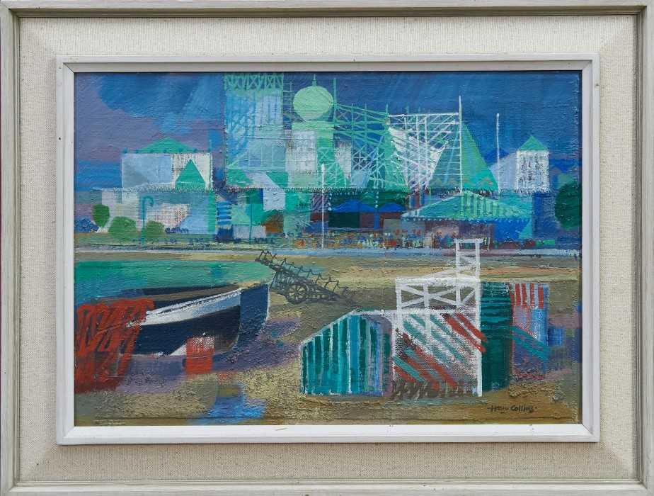 Lot 1076 - Henry Collins - oil and mixed media on board - Harbour scene