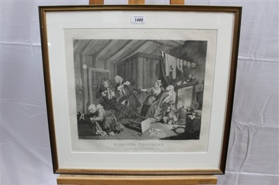 Lot 1480 - Six antique William Hogarth engravings - Hartlots Progress, in glazed gilt frames