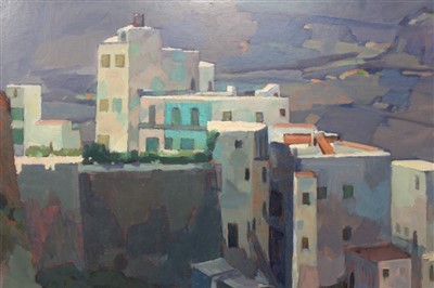 Lot 1476 - Hugh Micklem oil on board - Otiva, Granada cityscape, signed