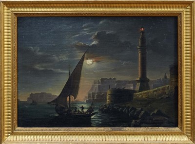 Lot 1523 - Mid-19th century Italian school oil on canvas - harbour by moonlight, indistinctly signed, inscribed and dated 1856, in gilt frame, 37cm x 54cm