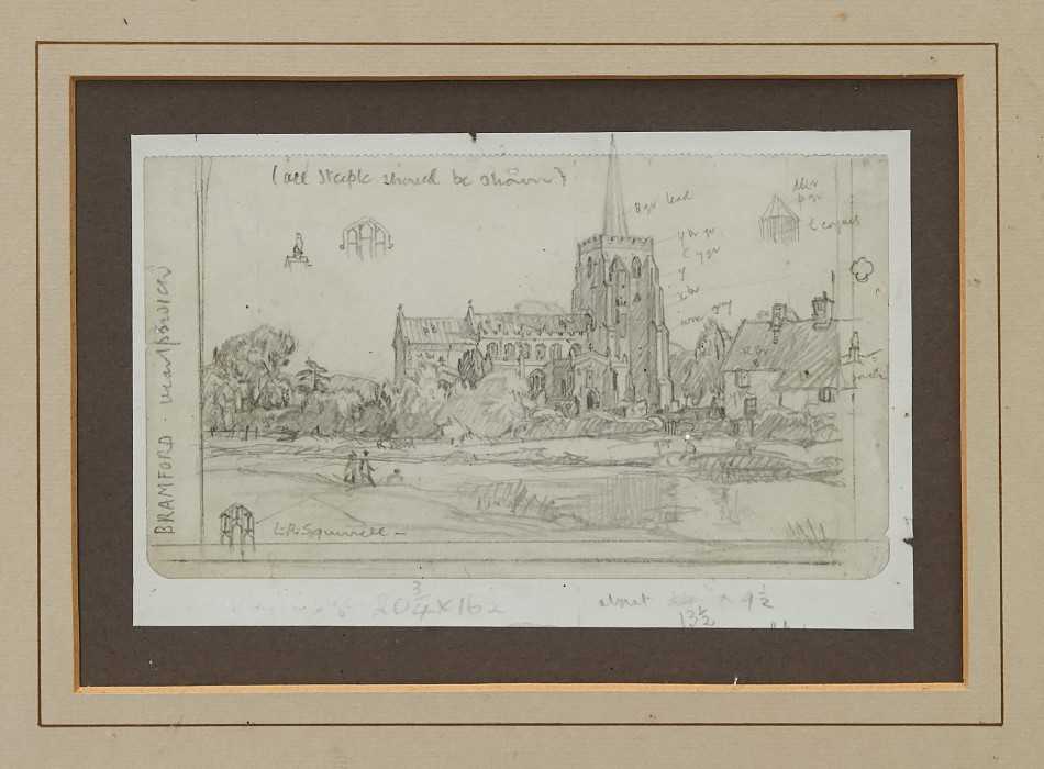 Lot 1050 - Leonard Russell Squirrell pencil sketch - Bramford Church, signed, inscribed, in glazed frame, 13cm x 21cm 
 Provenance: St Lawrence Gallery, Ipswich
