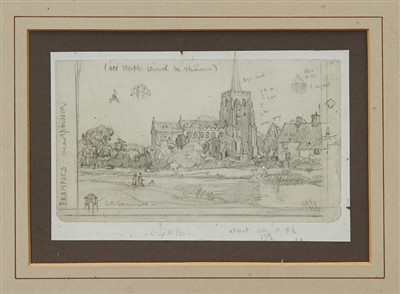 Lot 1050 - Leonard Russell Squirrell pencil sketch - Bramford Church, signed, inscribed, in glazed frame, 13cm x 21cm 
 Provenance: St Lawrence Gallery, Ipswich