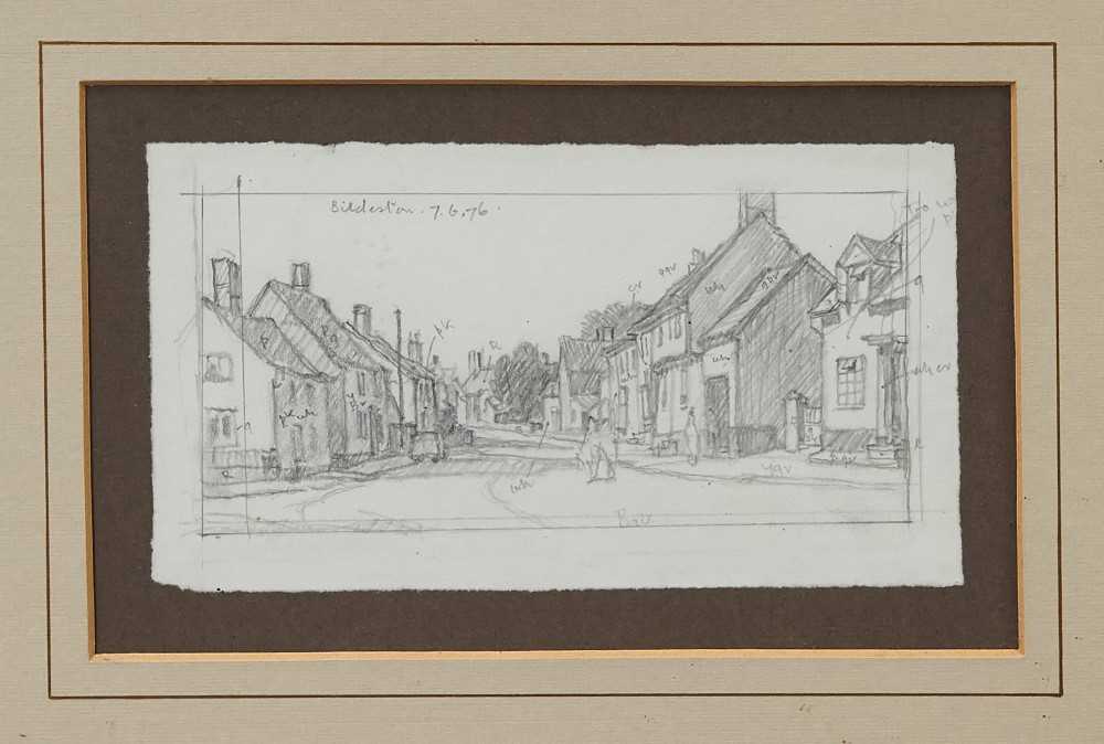 Lot 1049 - Leonard Russell Squirrell pencil sketch - Bildeston High Street, inscribed and dated 7.6.76, in glazed frame, 11cm x 19.5cm 
 Provenance: St Lawrence Gallery, Ipswich