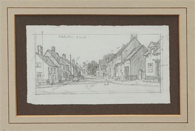 Lot 1049 - Leonard Russell Squirrell pencil sketch - Bildeston High Street, inscribed and dated 7.6.76, in glazed frame, 11cm x 19.5cm 
 Provenance: St Lawrence Gallery, Ipswich